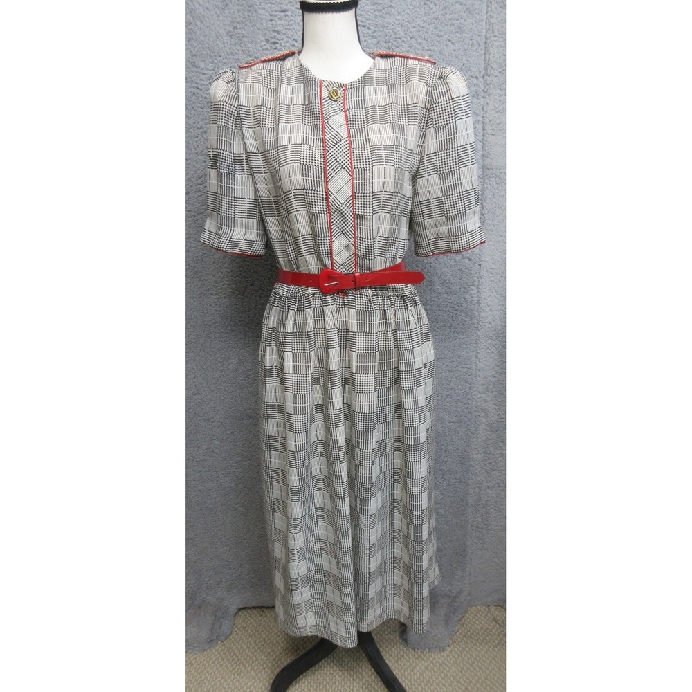 VTG Lady Carol of New York Secretary Dress Women 10 Glen Plaid Red Belt Midi